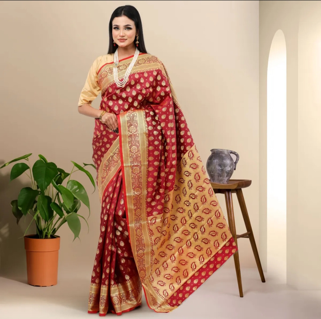 Discover Tradition in the Maroon Traditional Tangail Katan Saree for Women - A Classic Wardrobe Essential Suited for All Seasons and Occasions