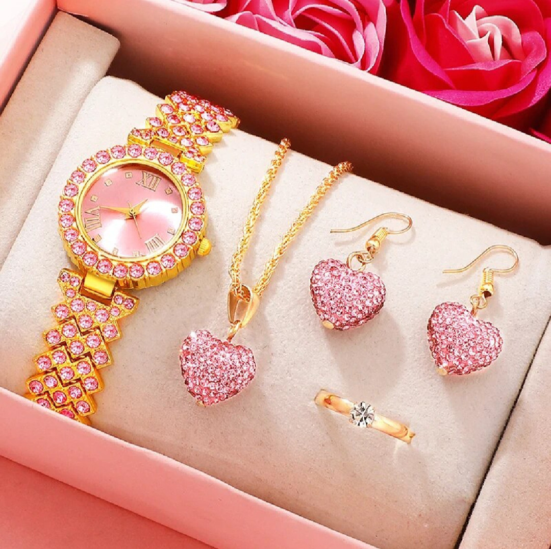 Luxury Watch Women Heart Ring Necklace Earring Rhinestone Fashion Wristwatch Casual Ladies Watches Jewelry Set Relogio Feminino