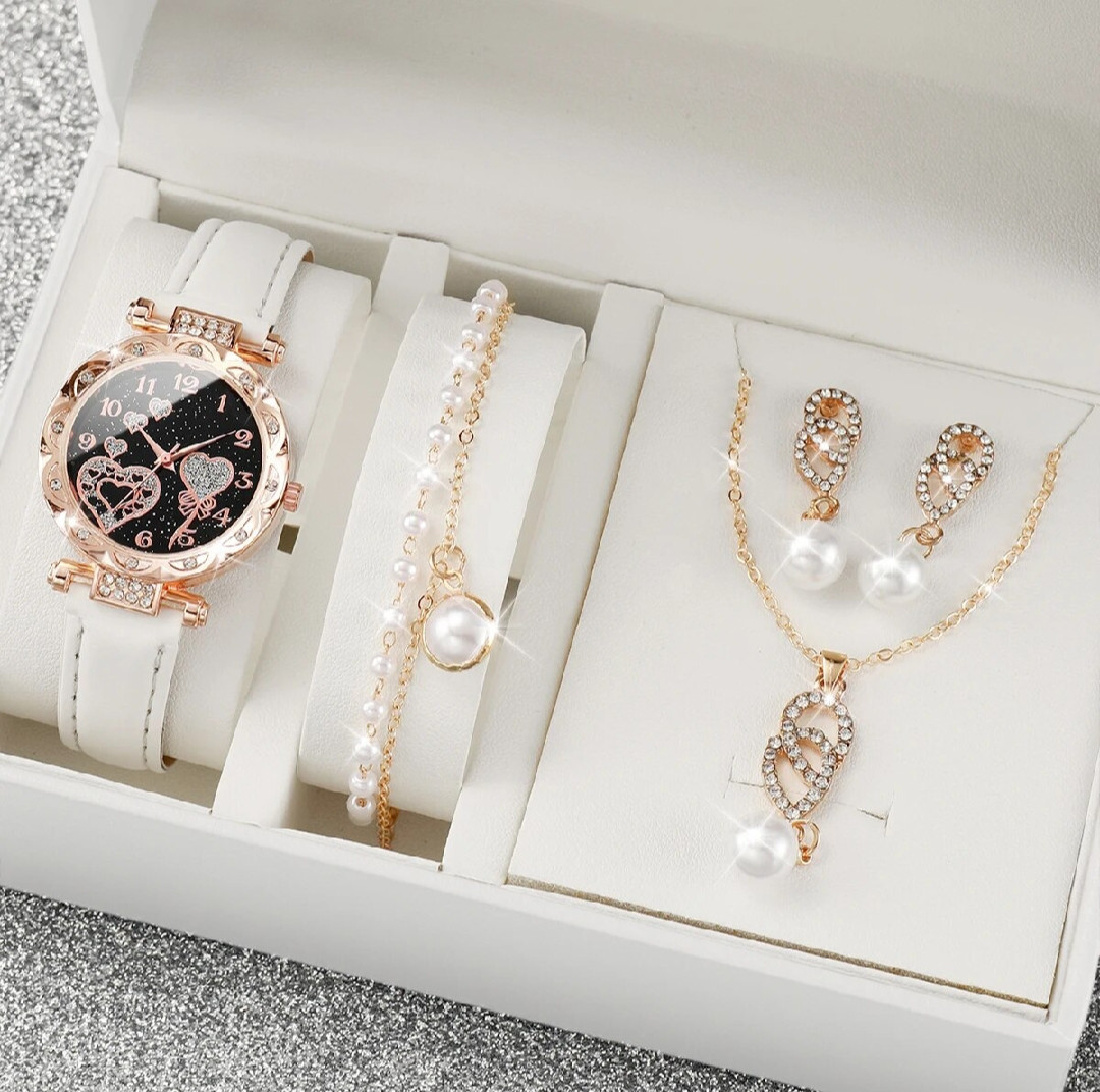 4pcs/set Women's Shiny Rhinestone Quartz Watch Analog PU Leather Wrist Watch & Faux Pearl Jewelry Set, Gift For Mom Her