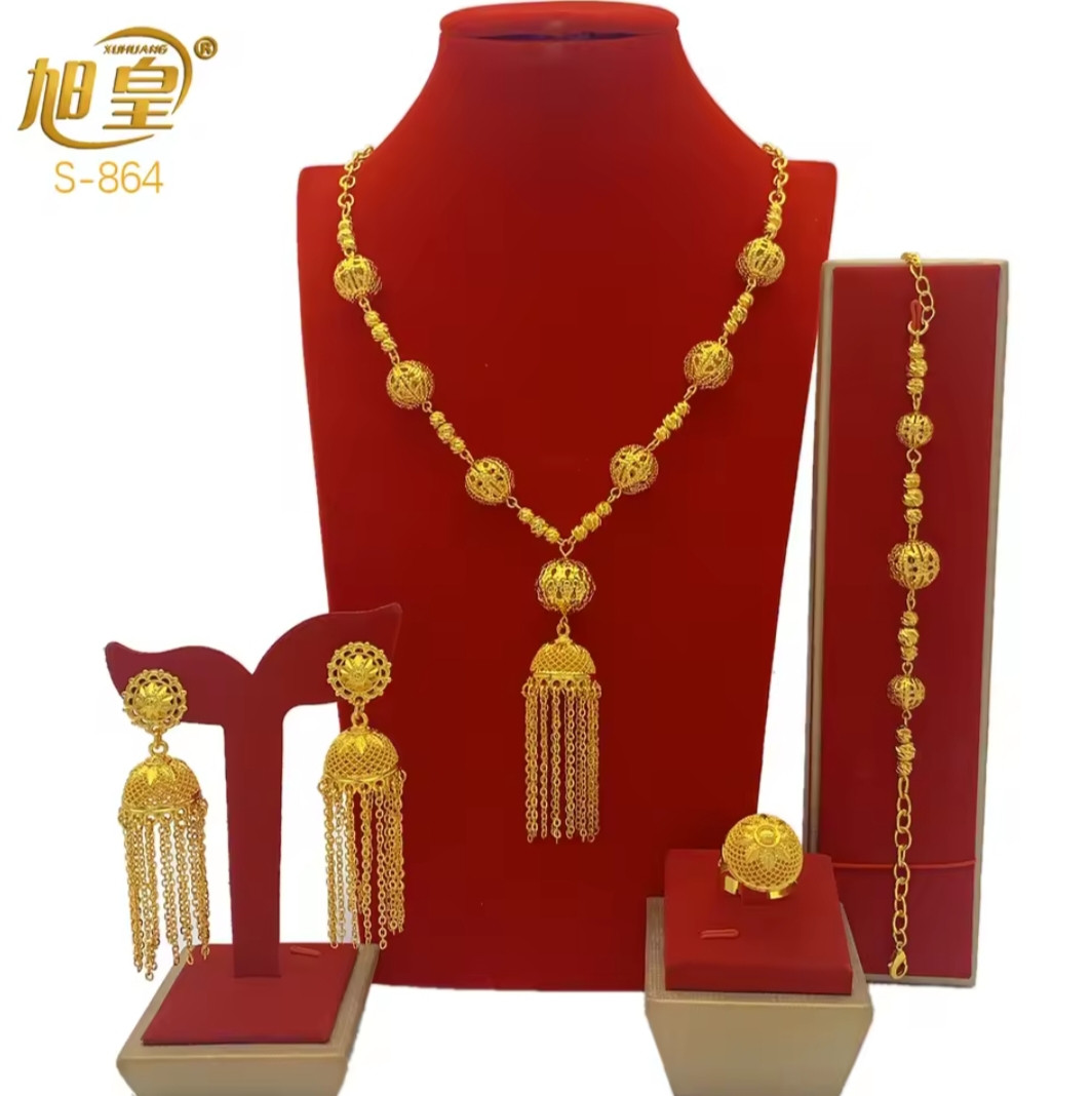 Ethiopia African Bead Jewelry Set for Women Party Gifts Wedding Dubai 24K Gold Plated Tassel Necklace Ring Bangle Earrings Set