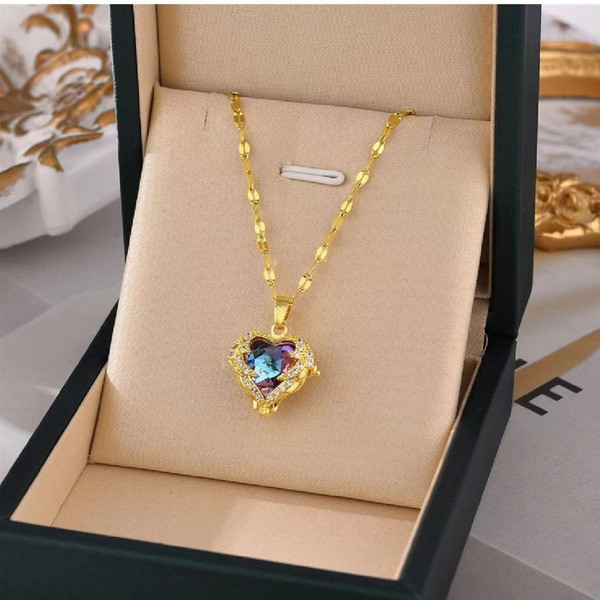 Titanium steel ocean heart titanium steel necklace for women full of diamonds and colorful crystal pendant clavicle chain trend does not fade and explodes