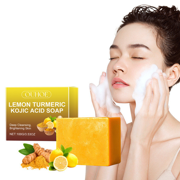 OUHOE Lemon Turmeric Kojic Acid Soap Deep Cleansing Skin Brightening Exfoliating Moisturizing Bath and Face Soap