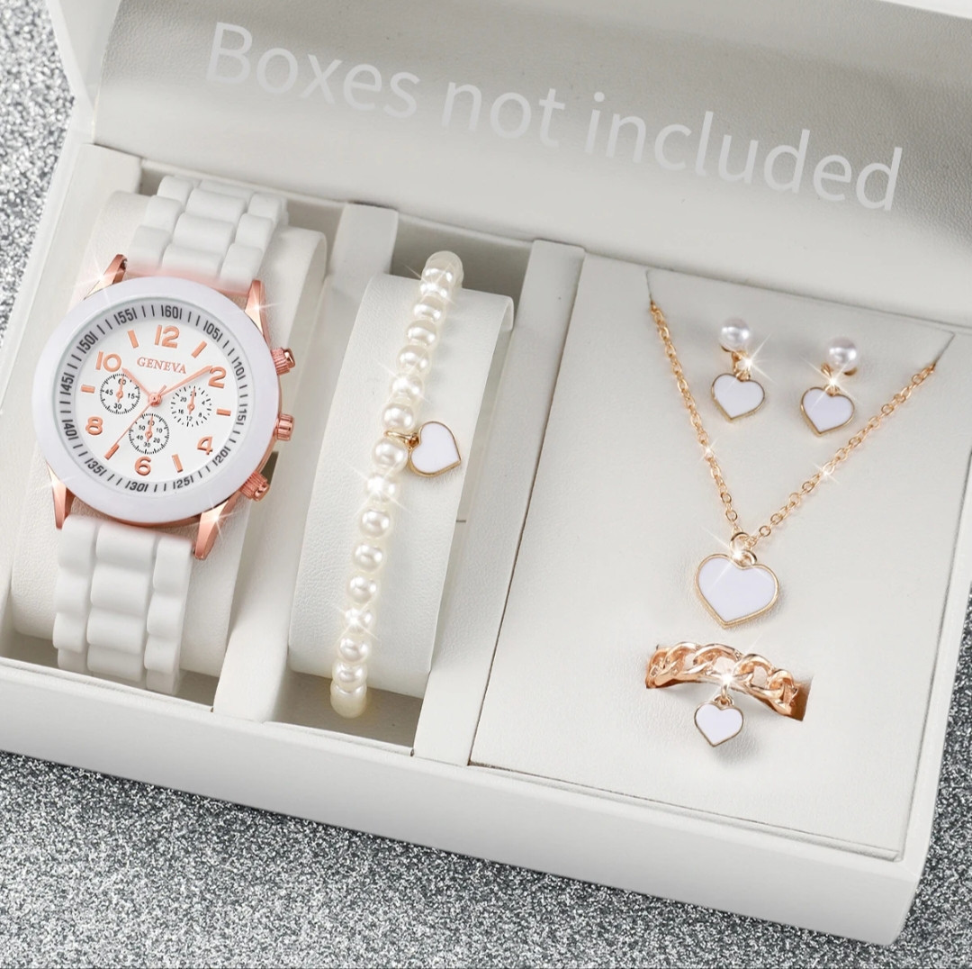 6PCS/Set Women's Watches Casual Silicone Band Analog Quartz Watch Heart Pearls Jewelry Set(Without Box)