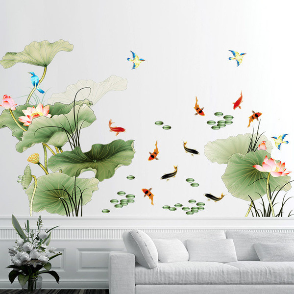 Chinese style lotus wall stickers living room TV background wall stickers bedroom room decoration wallpaper