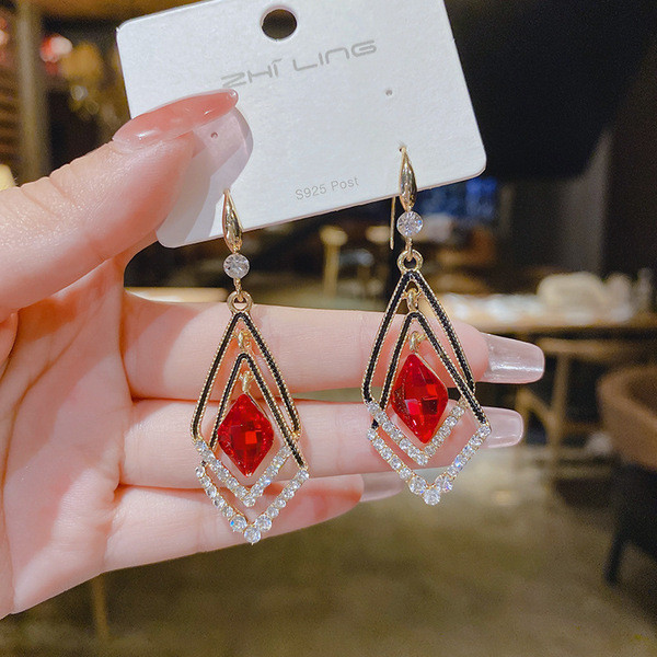 New Earrings Feminine Internet Celebrity Korean Red Crystal Double Layer Diamond Geometric Earrings Versatile Red Earrings