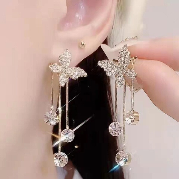 New diamond butterfly tassel earrings Japanese and Korean high-end design rhinestone earrings niche ear needle jewelry