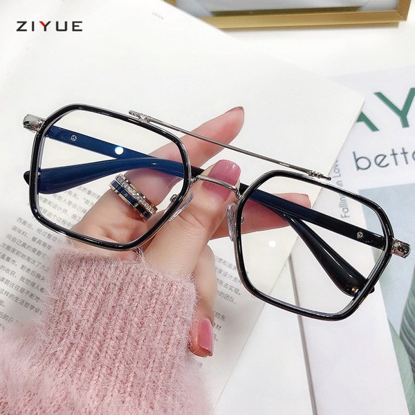 Retro color-changing double-beam glasses frame men&#39;s fashionable anti-blue light flat glasses Wei Ting same style finished myopia glasses women