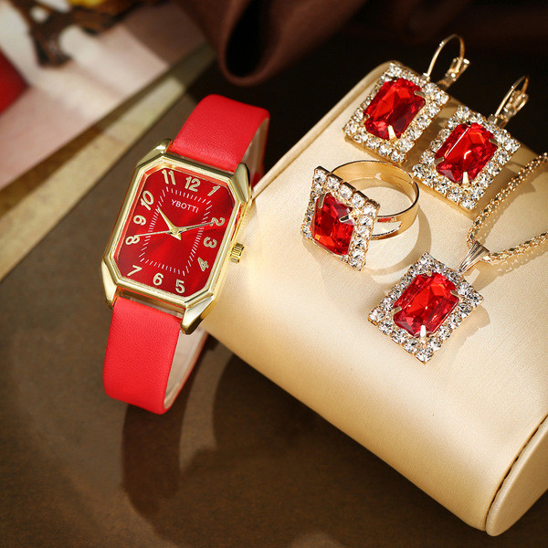 2024TEMU New Casual Fashion Leather Women’s Business Square Quartz Watch Korean Style Rhinestone Jewelry Set